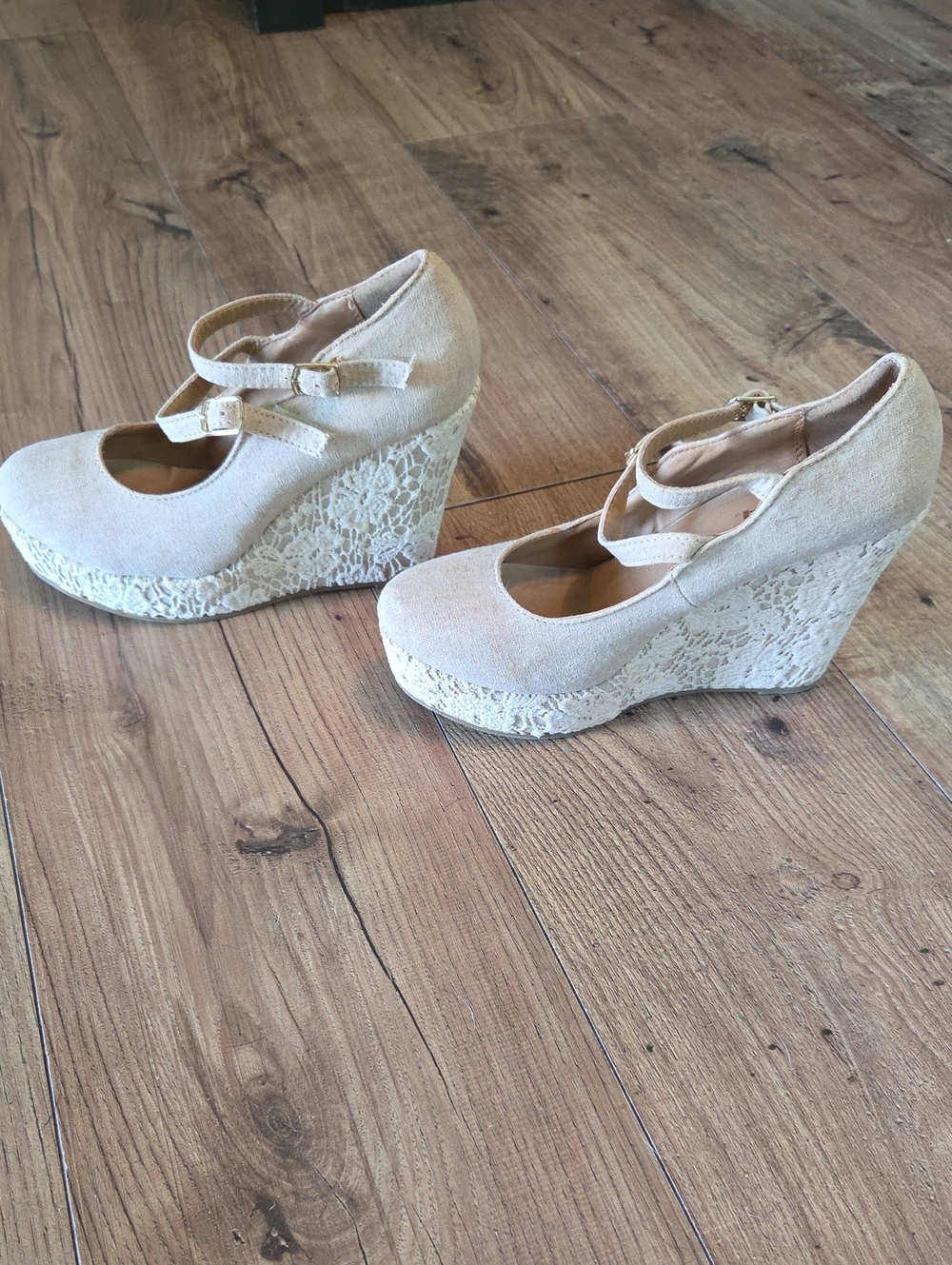 Soda | Glenda Beige Double-Strap Lace Wedge - Picture 5 of 10